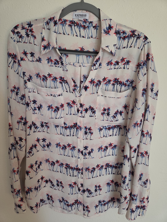Express Tops - Express Red And Blue Palm-Print Button-Up Shirt